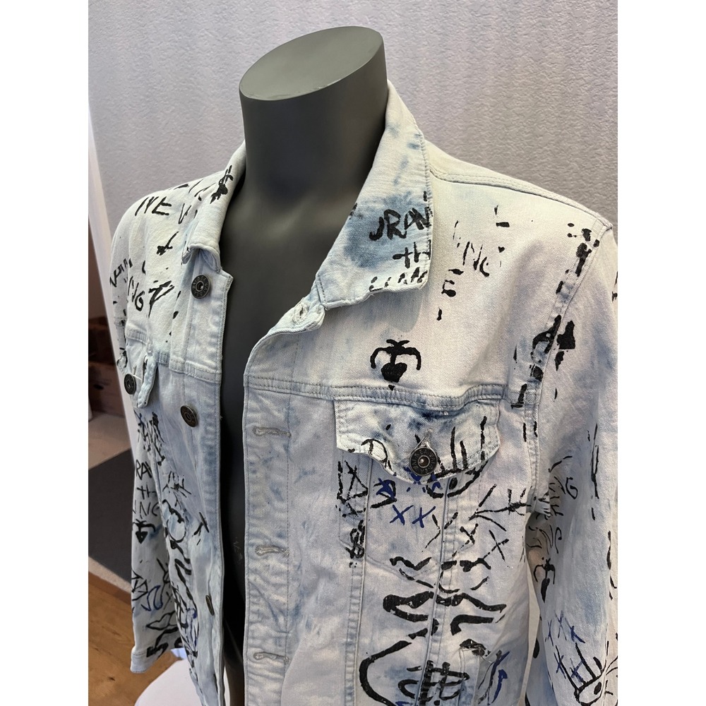 Graffiti All Over Print Denim Jacket Mens XL Light Wash Money Bags Streetwear